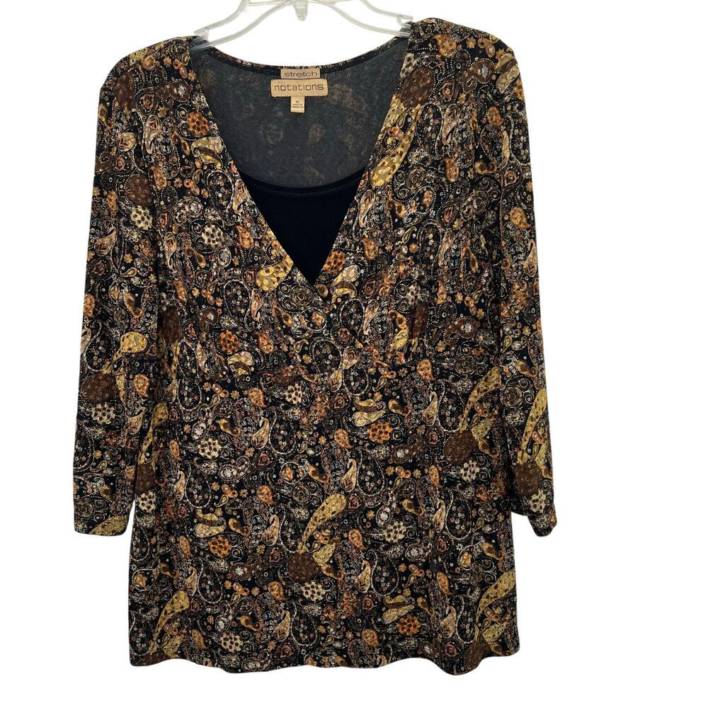 Vintage Y2K Notations Top XL Black Tan Paisley Layered Faux Wrap Stretch Mesh